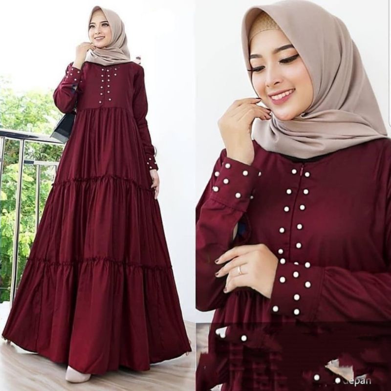 Gamis Baju Dress Kondangan Busui Mutiara Renda Rempel Susun Wanita Muslim MARIAM Warna Polos  MERAH 