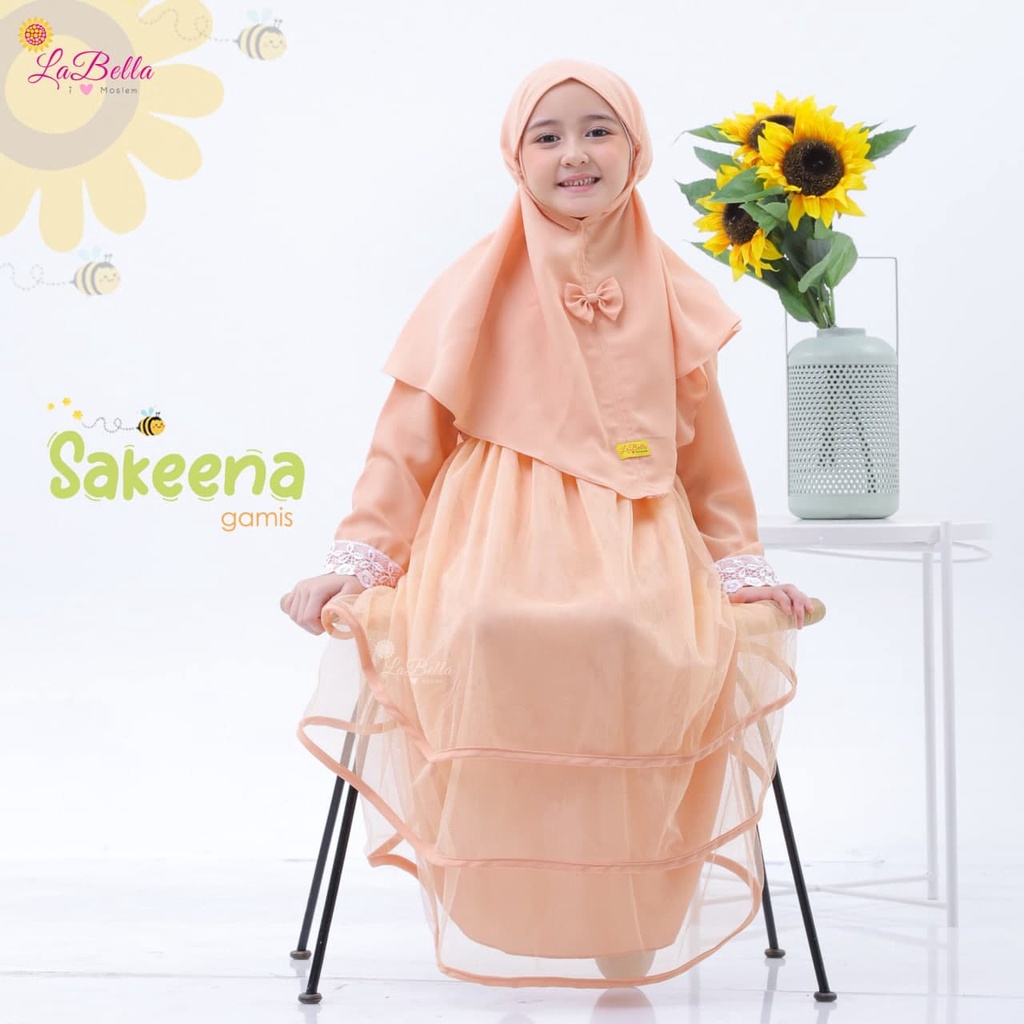 Gamis Anak Model Tile Tutu Sakeena Labella Peach Set Kerudung umur 3 - 7 Tahun