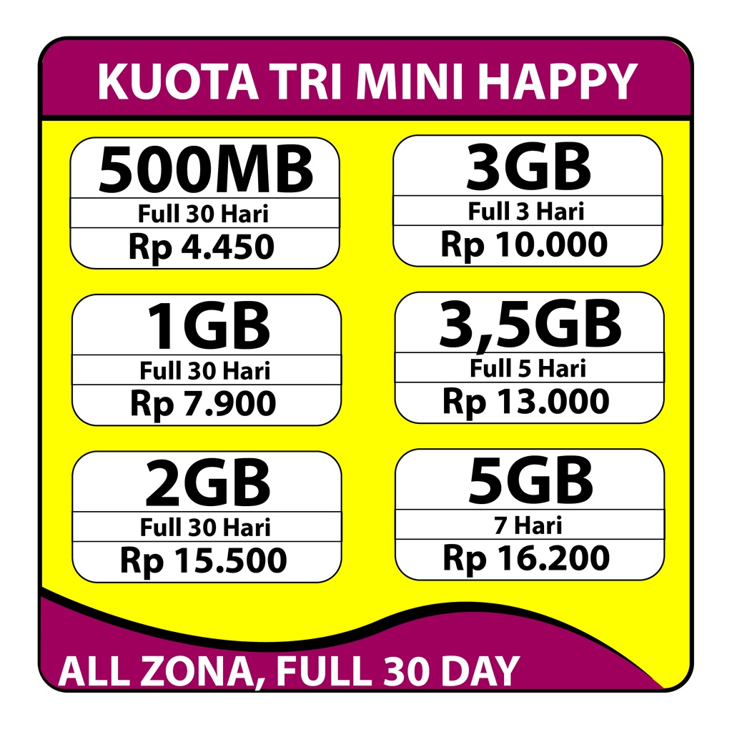 KUOTA TRI KUOTA TRI MINI Happy 500MB 1GB 2GB 3GB 5GB Termurah