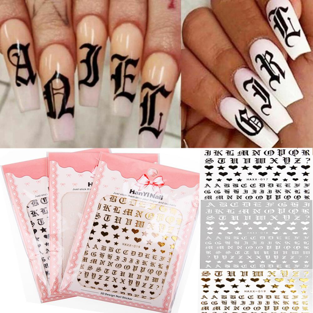 Needway Huruf 3D Nail Art Heart White DIY Dekorasi Kuku Karakter Hitam Lem Kuku Stiker Perekat Diri Foil Kuku