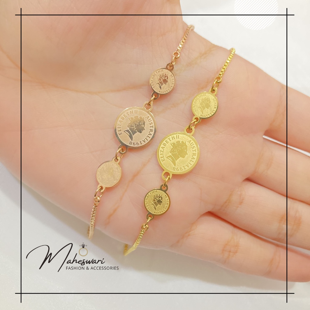 Gelang Titanium Wanita Anti Karat Gelang Serut Koin Vintage Perhiasan Berlapis Emas Import MA419