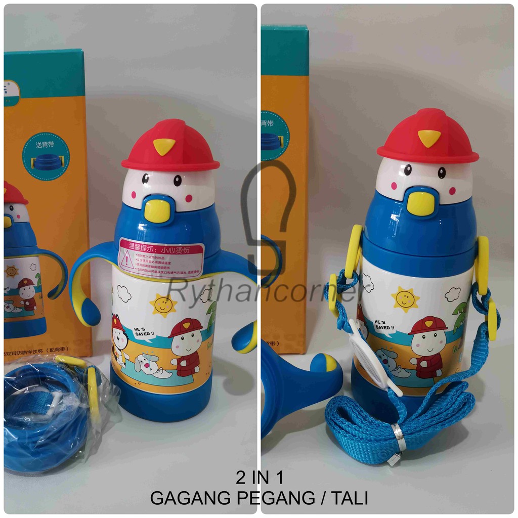 BOTOL MINUM SEDOTAN ANAK 3D STAINLESS STEEL GAGANG 2 IN 1 PINKAH 280ML