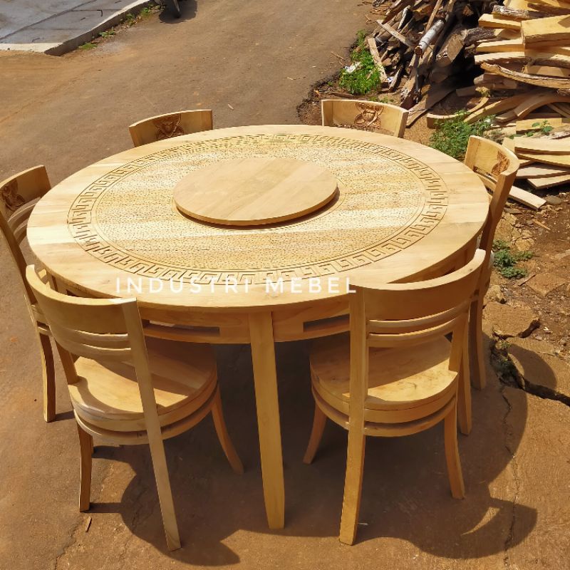 Satu Set Meja Makan Bundar 6 Kursi - Meja Makan Bulat Minimalis Modern - Kursi Makan Cantik