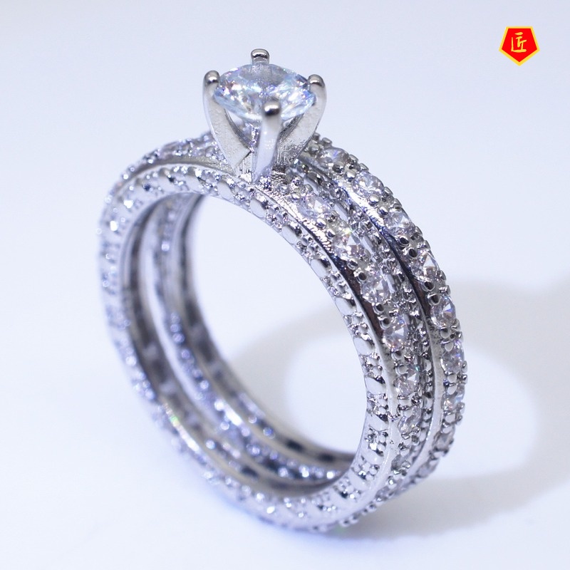 [Ready Stock]S925 Silver Full Diamond round Moissanite Ring Set Female