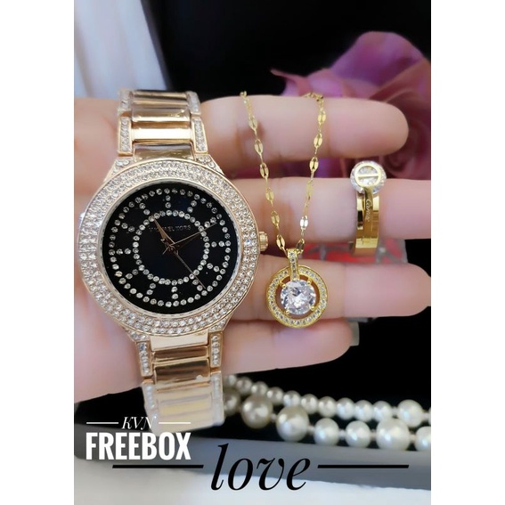 paket perhiasan Titanium set jam tangan gold