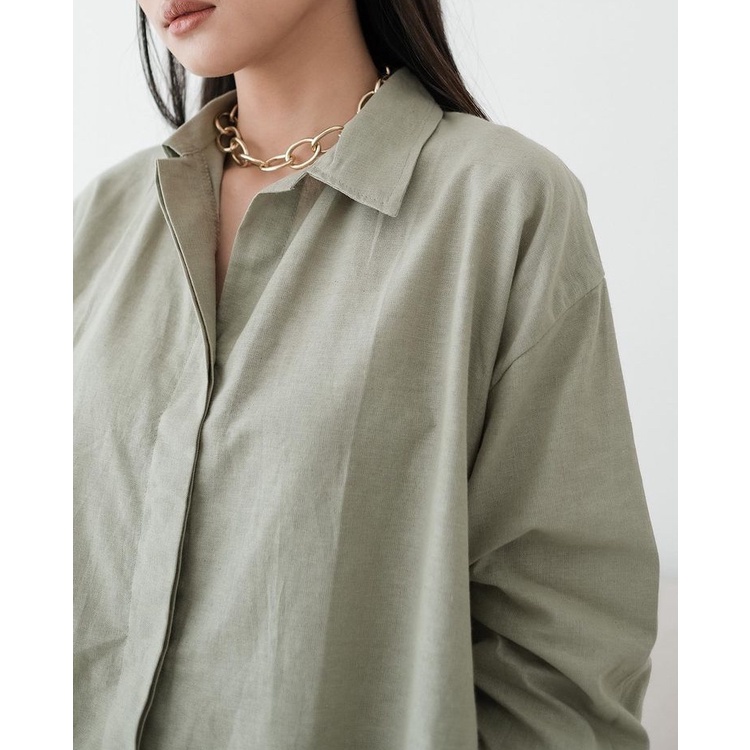 Khloe Set - set korea - set linen - kemeja wanita - kemeja oversize - kemeja korea - kemeja karet - 
