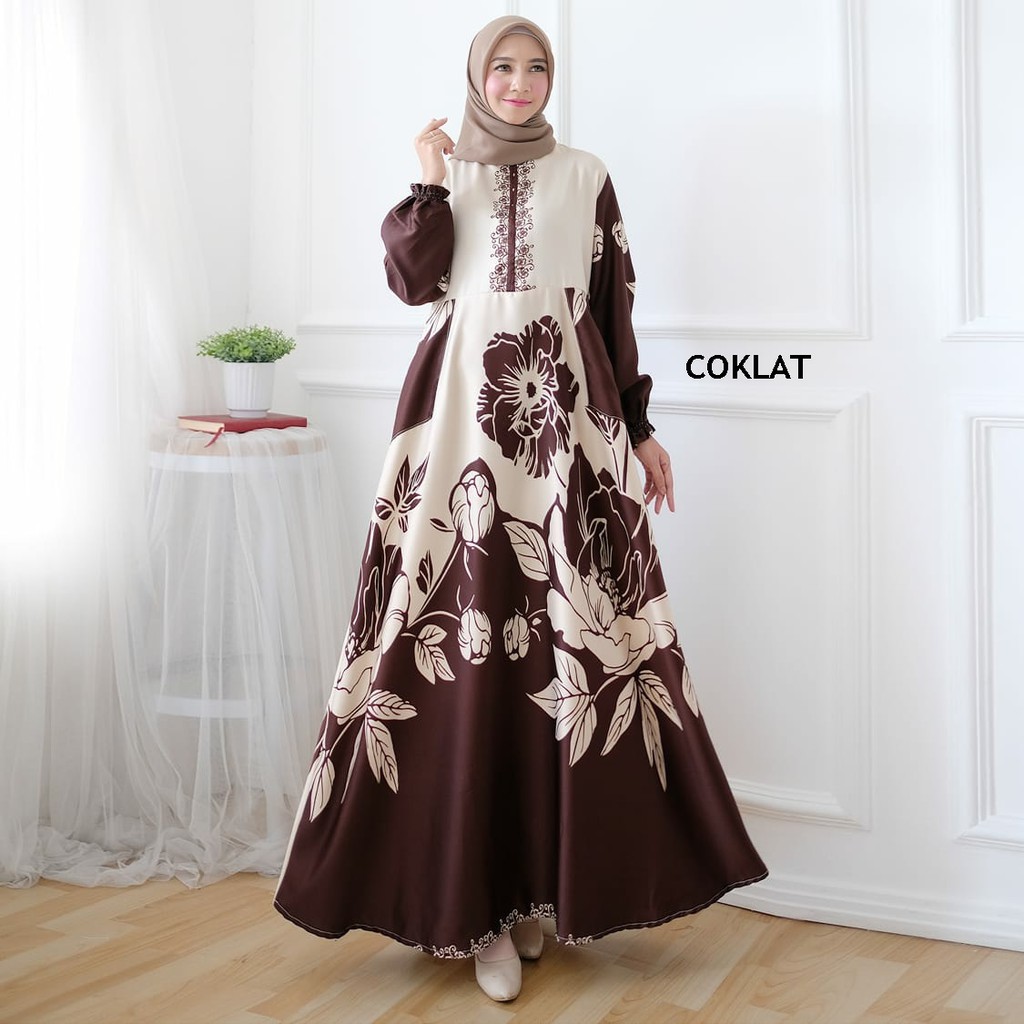 Gamis Maxi Dress bahan Maxmara Motif Bunga Fashion Muslim Wanita Sabiza