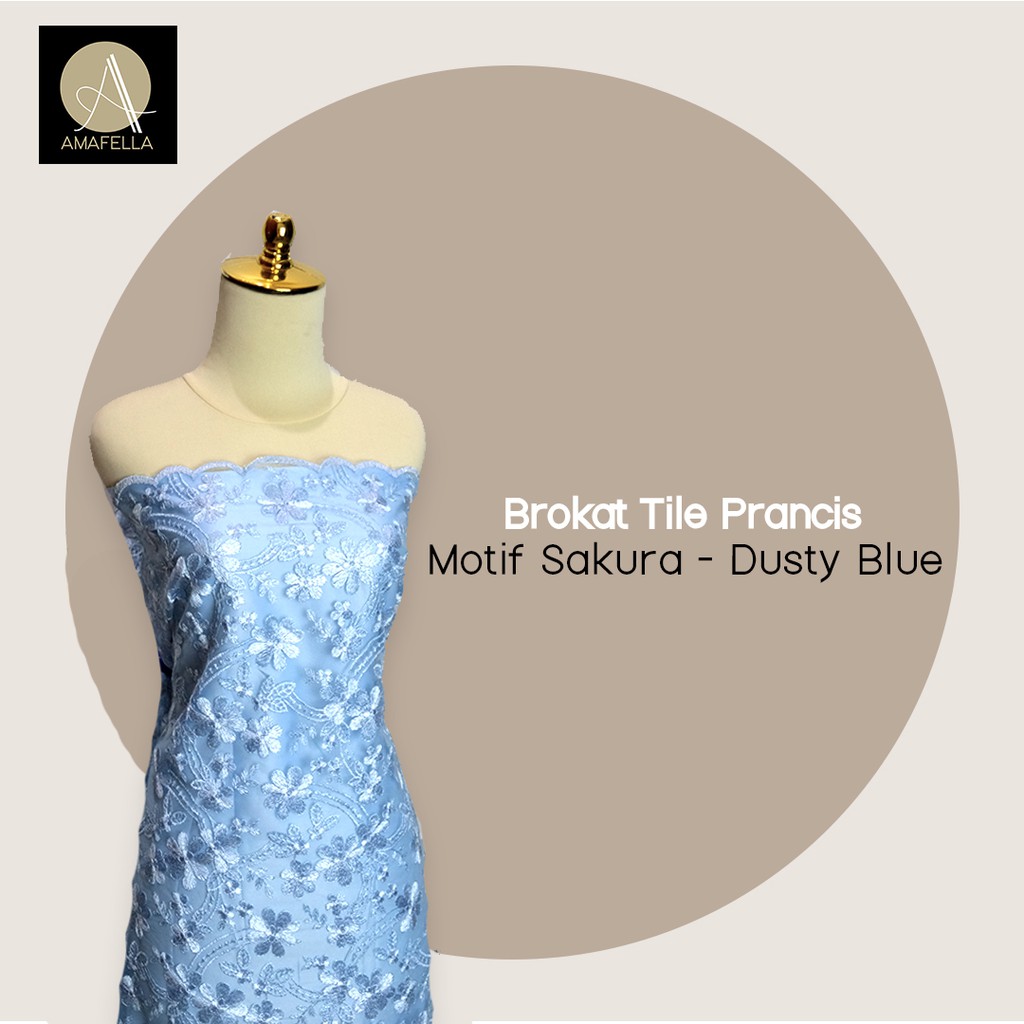 1/2 meter Kain Brokat Tile Prancis Bahan Kebaya Motif Sakura Dusty Blue