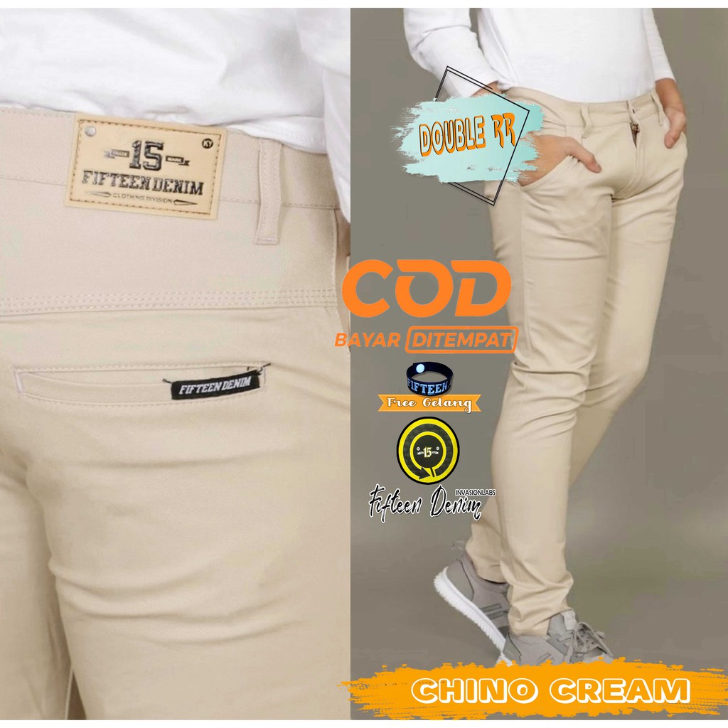 CELANA PRIA CHINO CREAM Slim fit Panjang Pria Kerja kantor Santai Liburan Cowok Original Fifteen Denim