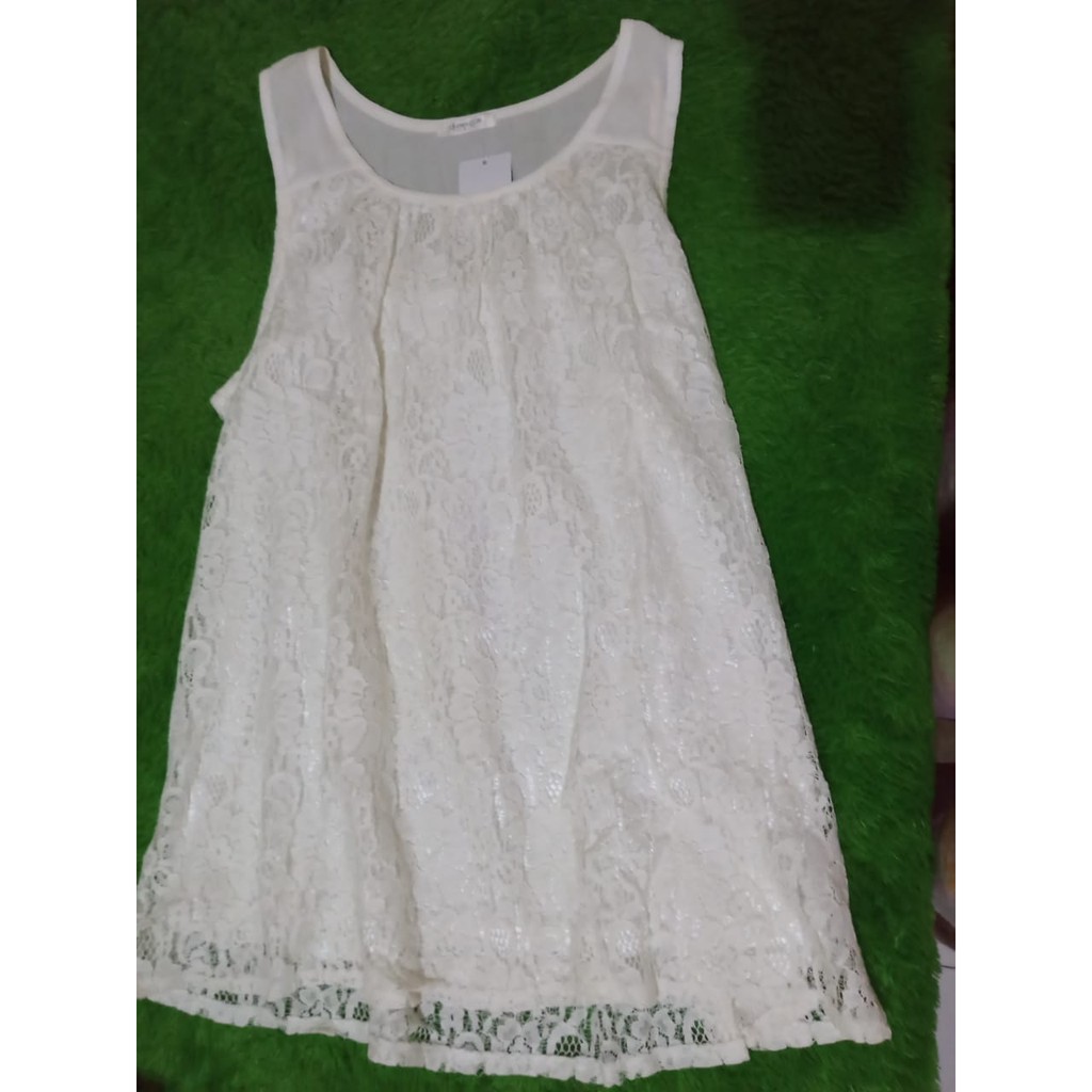 baju pakaian atasan wanita tanktop brokat putih gading