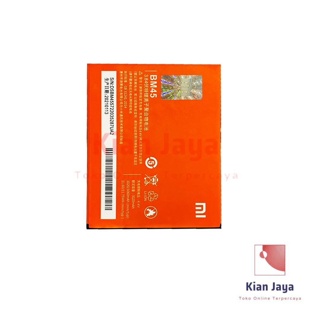 Baterai Xiaomi Redmi Note 2 BM45 Batrai Batre Battery Hp Original 100%