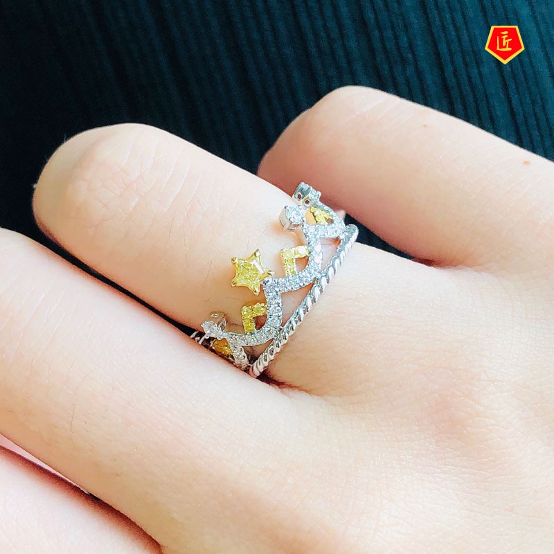 [Ready Stock]Pt950 Inlaid Yellow Diamond Five-Pointed Star Crown Ring