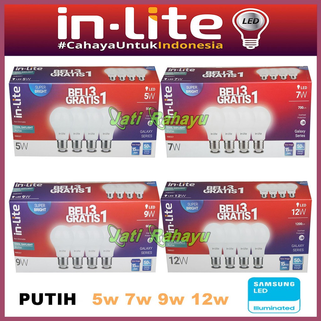 IN-LITE LAMPU LED PAKET (BELI 3 GRATIS 1)  3W 5W 7W 9W 12W 15W PUTIH, INLITE KUNING