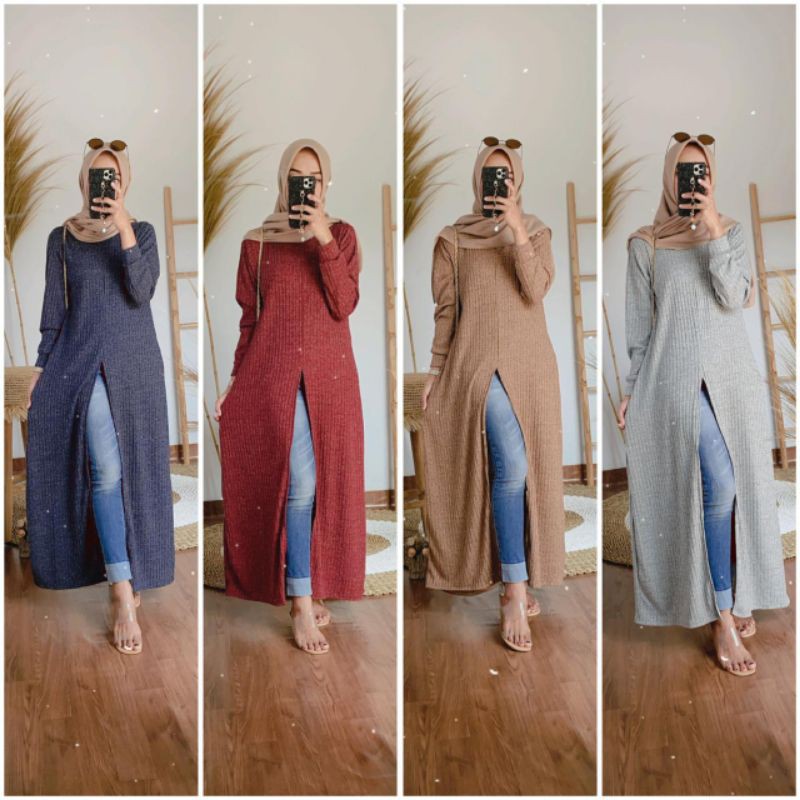 Maxi dress belah depan bahan kaos rajut knit import ukuran allsize ld 110-115