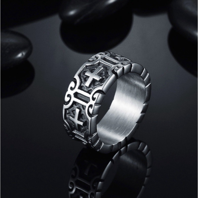 Retro Printed Hollow Cross Ring Punk Black Big Rings for Men Biker Lucky Jewelry