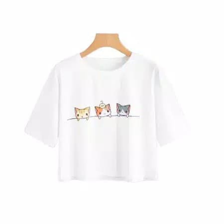 TBI Kaos Wanita Three Cat Kaos Crop Top 3 Cat T-Shirt Tumblr Tee