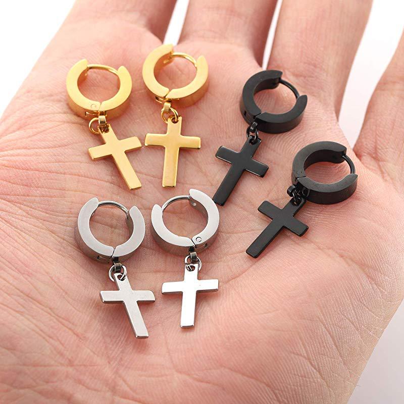 1 Pc Anting Stud Anti Pudar Bentuk Bulat Salib Bahan Titanium Gaya Hip Hop Punk Untuk Pria Dan Wanita