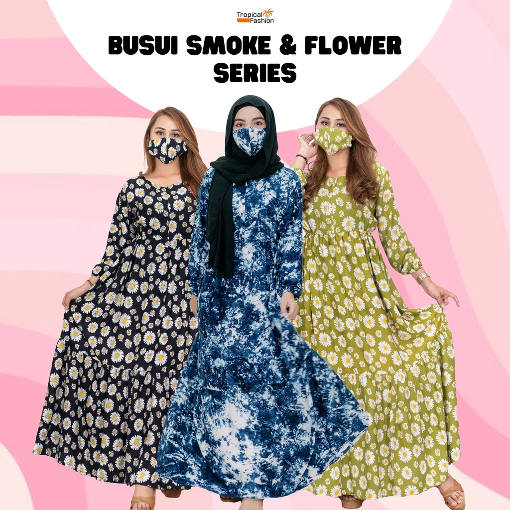 Gamis Busui Smoke Dan Bunga Plus Masker