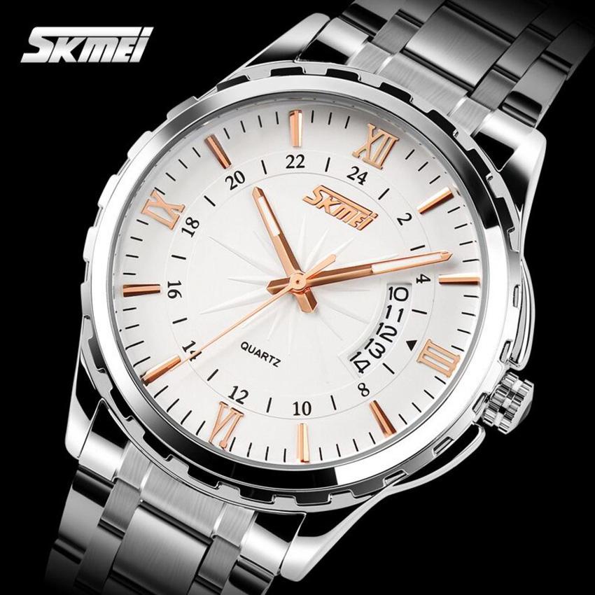 SKMEI Jam Tangan Pria Anti Air Terbaru Ori Analog Tali Rantai Rante Besi Stainless Steel Mewah Elegan Keren Buat Gaya Kasual Import Impor Skimei Original Jamtangan Skemei Orii Casual Laki Laki Dewasa Waterproof WR 50m Arloji Cowok Cowo - Silver