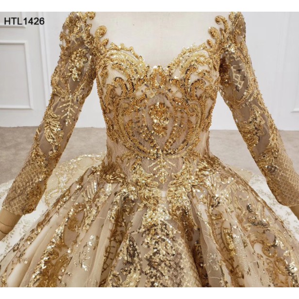 wedding formal long sleeve evening gown women pleat ballgown appplique elegant gold .