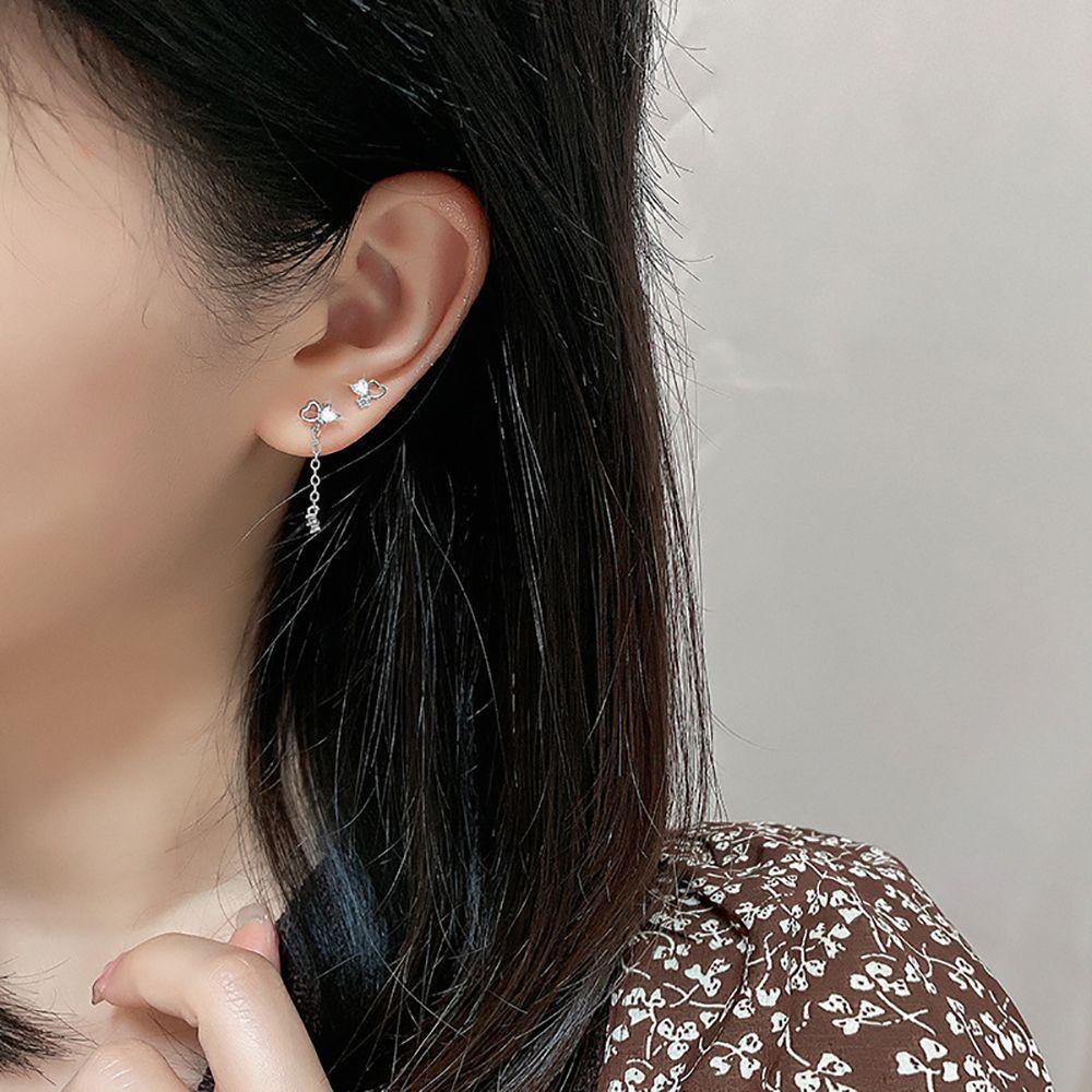 Mxbeauty Cinta Hati Anting Pejantan Elegan Rantai Sederhana Perempuan Gadis Zirkon Asimetris Menjuntai Anting