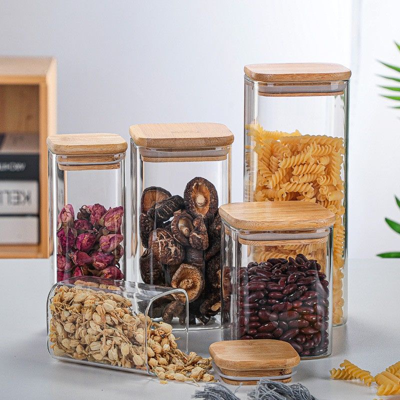 R3WS  Toples Kaca Kedap Udara Tutup Bambu / Glass Bamboo Jar / tempat bumbu / Snack Jar / Toples pla