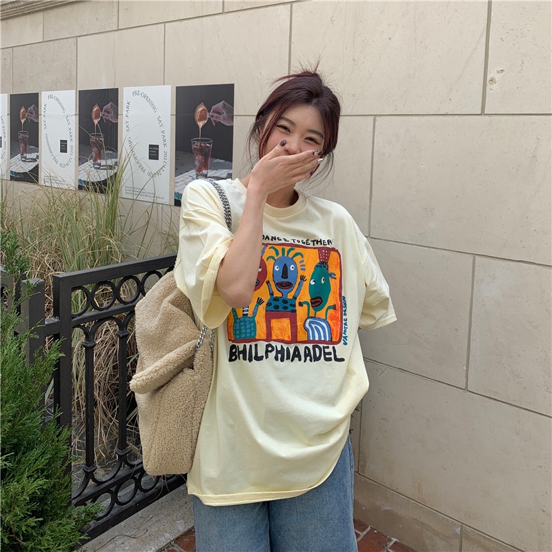 baju atasan wanita doodle abstract painting graphic printing t shirt korean style lengan pendek kaos hitam