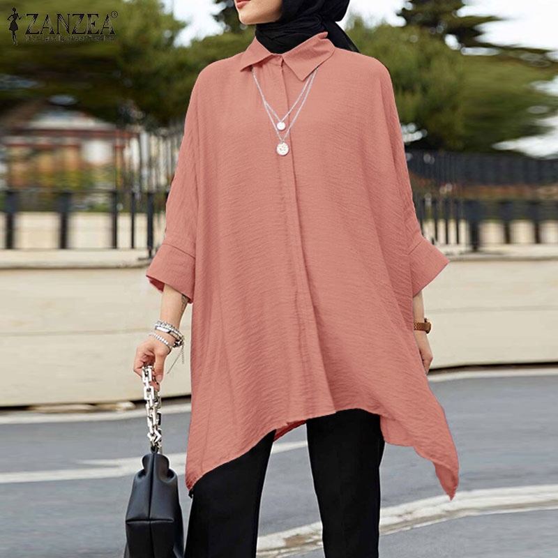 ZANZEA Women Muslim Casual Solid Irregular Hem Button Down Casual Loose Blouse