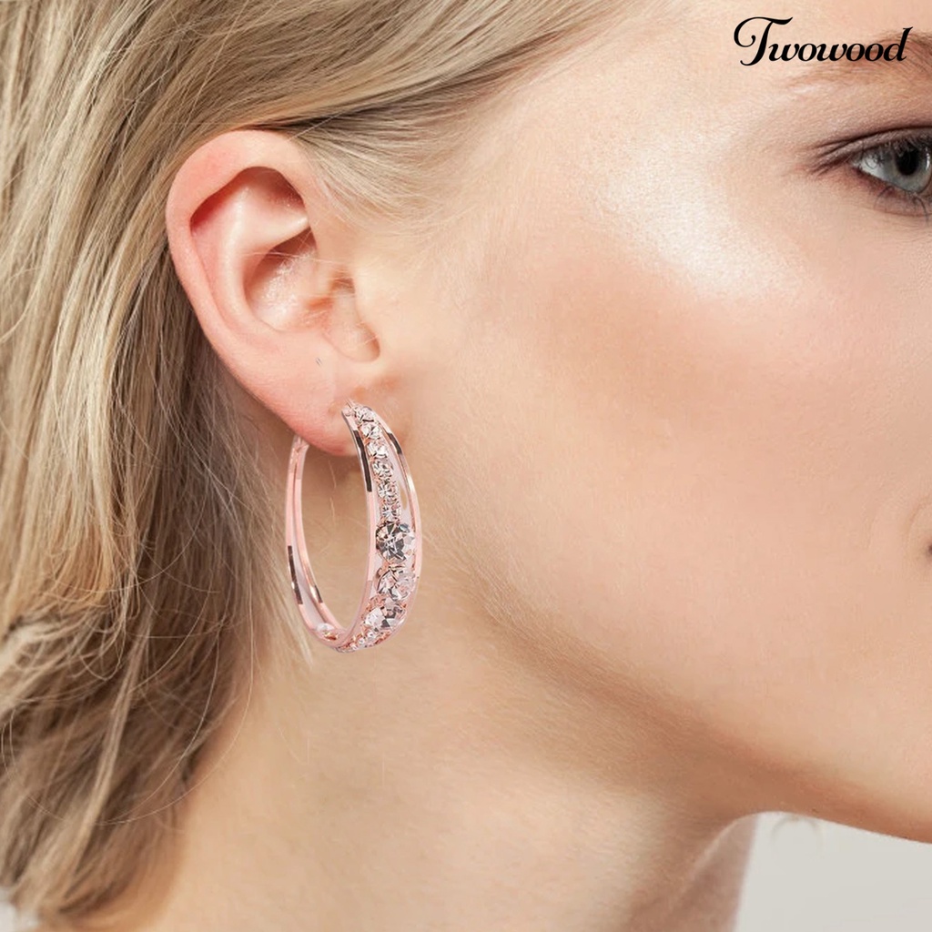 1 Pasang Anting Hoop Berlian Imitasi Bentuk Lingkaran Warna Rose Gold Untuk Wanita