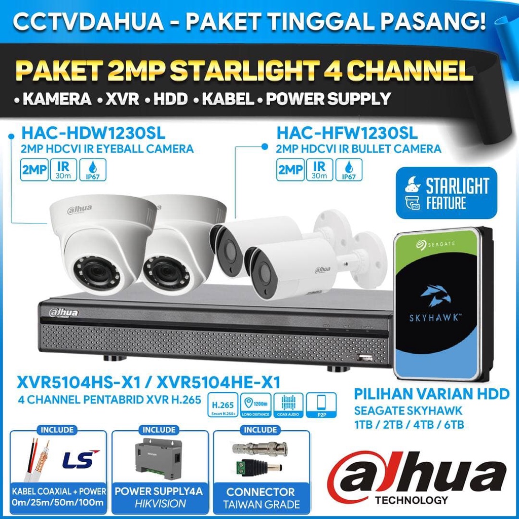 PAKET CCTV DAHUA 4CH 2MP / 4 KAMERA 2MP STARLIGHT DAHUA SIAP PASANG