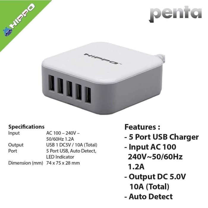 NEW Charger Hippo Penta 5 Port USB 10A  Travel Adaptor Original Batok SP   Putih