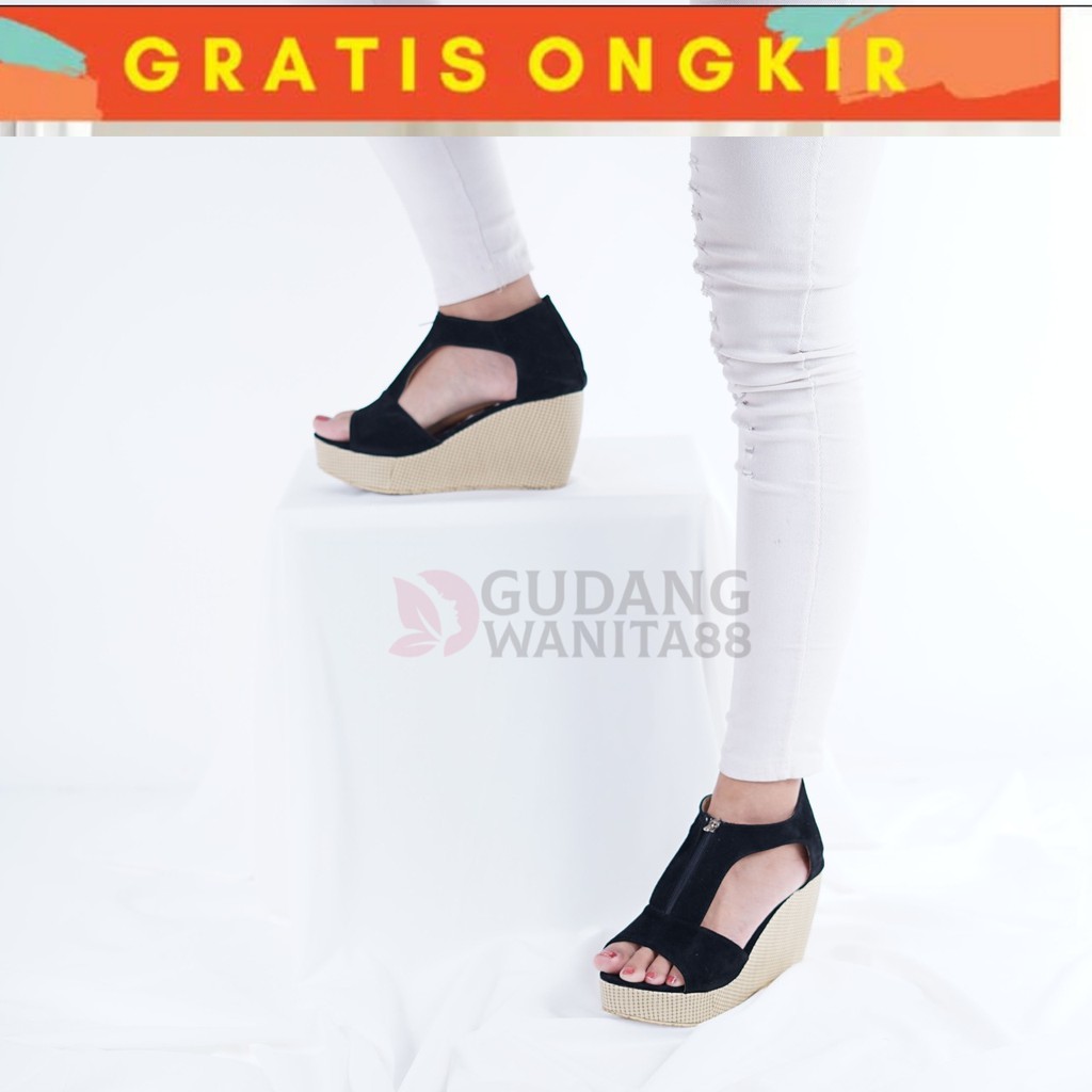 GW88- COD wedges wanita terbaru tinggi 7 cm wedges RESLETING HITAM