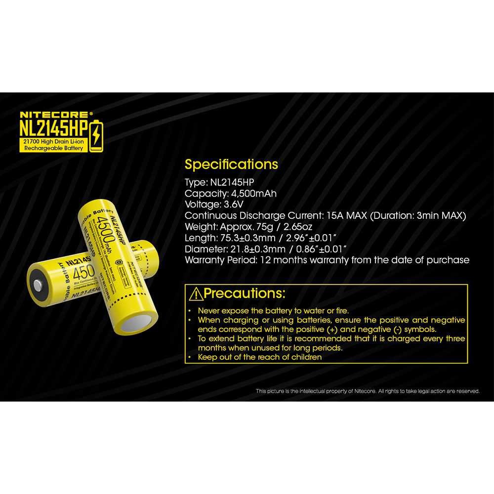 Paling Dicari ! NITECORE 21700 Baterai Li-ion 4500mAh 3.6V 15A - NL2145HP