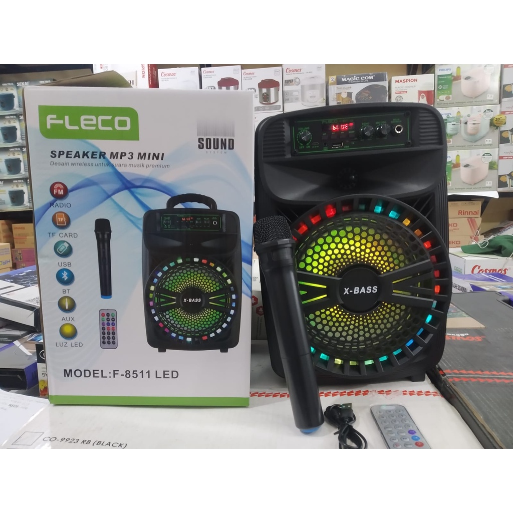 Speaker Bluetooth karaoke FLECO F-8511 LED/8,5 INCH BONUS MICROPHONE KARAOKE/Radio FM TF CARD USB BT