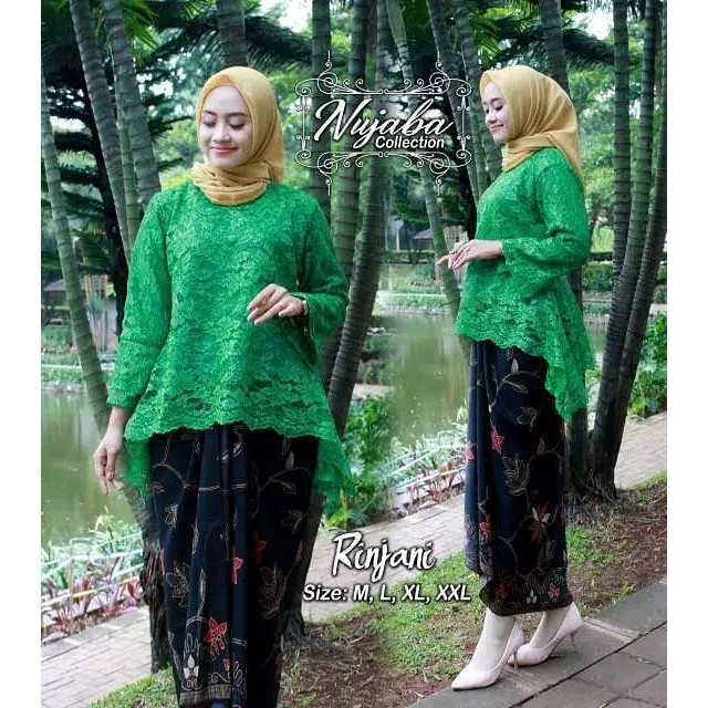 Setelan Rinjani Brukat Modern Warna Hijau Botol Mix Lilit / Kebaya Modern
