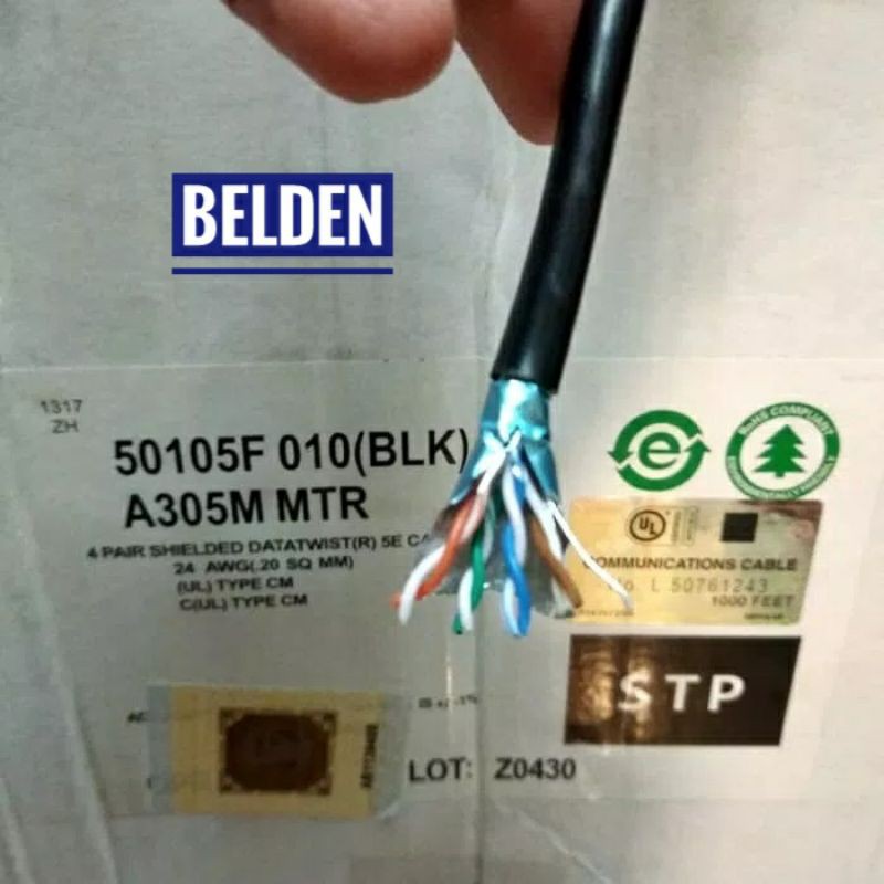 Belden Kabel Lan Outdoor 55 meter STP CAT5e dicrimping rj45 plat besi Ttipe 50105F Warna Hitam