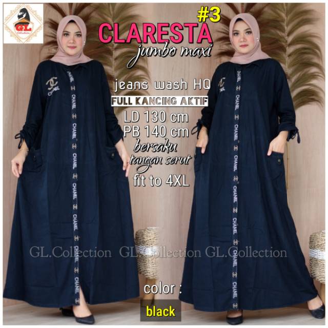 Gamis jeans wash super JUMBO 4XL LD 130 bordir Chanel CLARESTA Maxy ORIGINAL by GL