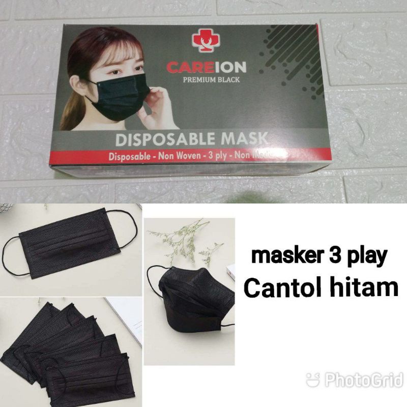 masker cantol Hitam 3 ply// isi 50 pcs //ada dus // Earloop Hitam