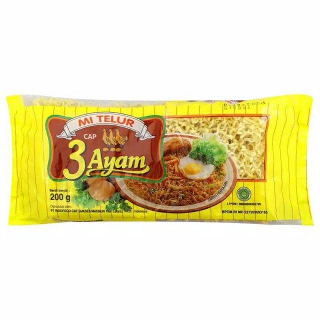 

Mie Telur Cap 3 Ayam / Mie Telur Cap Tiga Ayam 200gr 1 Dus isi 20 Bungkus