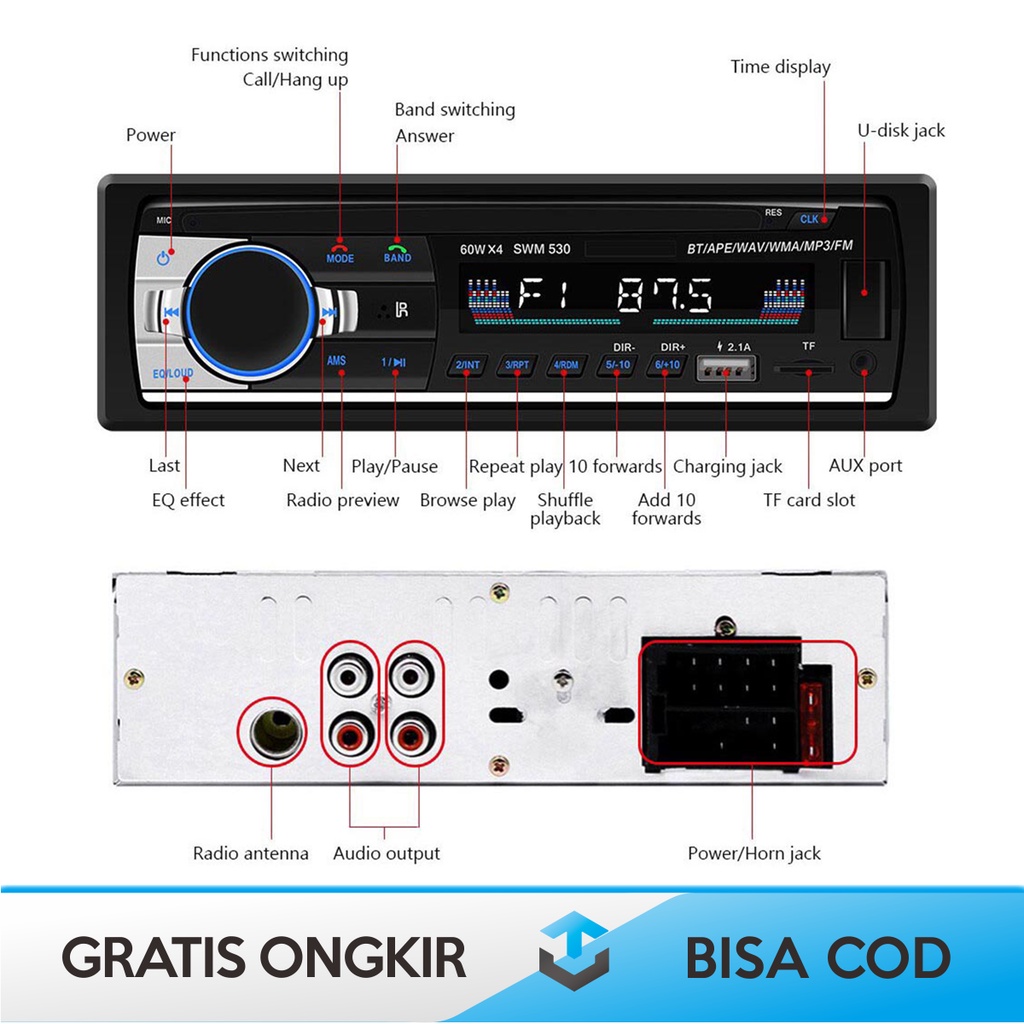 TAPE AUDIO BLUETOOTH CAR SINGLE DIN BY TAFFWARE JSD-530 REMOTE CONTROL