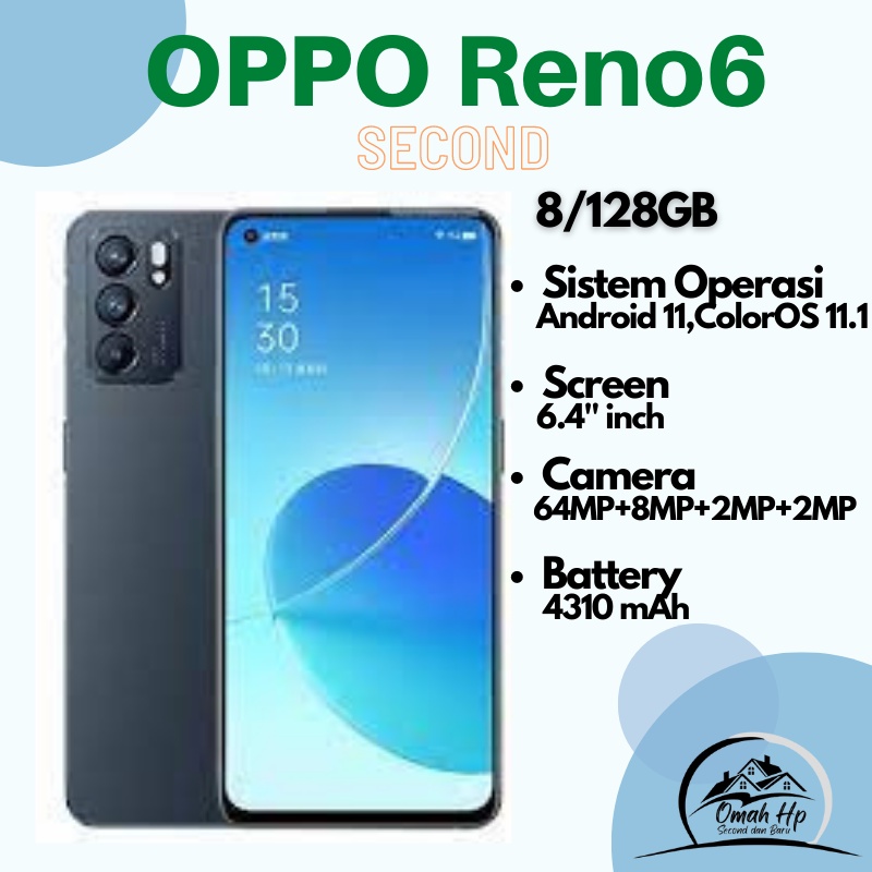 OPPO Reno6 Second 8GB/128GB Hitam, Mulus, Like New