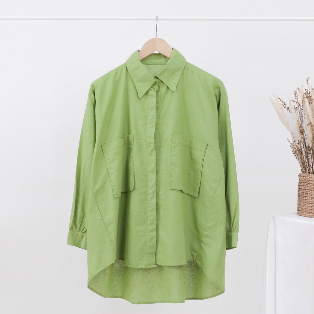 Kemeja Wanita Kantong Dua Rami Genevra-GreenTea