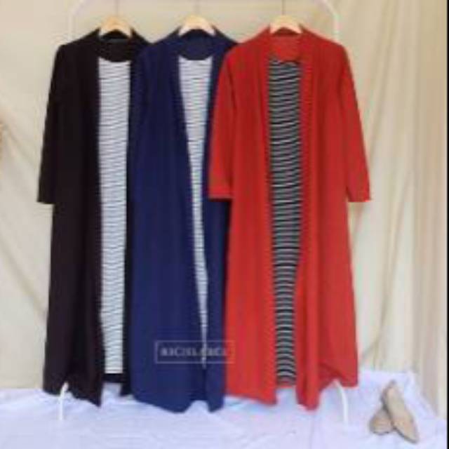 Maxi longcardi longcardy cardy stripe bahan Waffle Kombi inner salur fit L nyatu