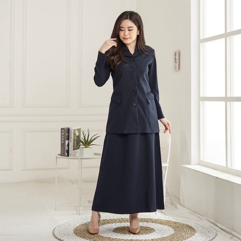 Baju seragam Dinas Wanita Biru Dongker Set Rok A Blazer Pemda Stelan Rok A Seragam PNS Pemda Baju Pe