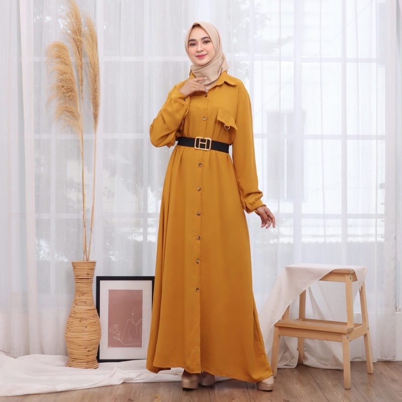 GAMIS CRINKLE MAXI POLOS LEBARAN SABIRA KANCING JUMBO POLOS FREE BELT MEWAH EID ACARA PGMTA