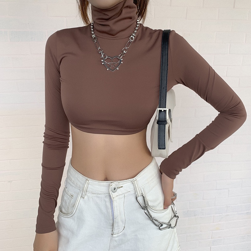 #Sisjuly# Gaya Ulzzang Sehari-hari High-neck Cropped T-shirt Wanita Slim Lengan Panjang Kemeja Botto