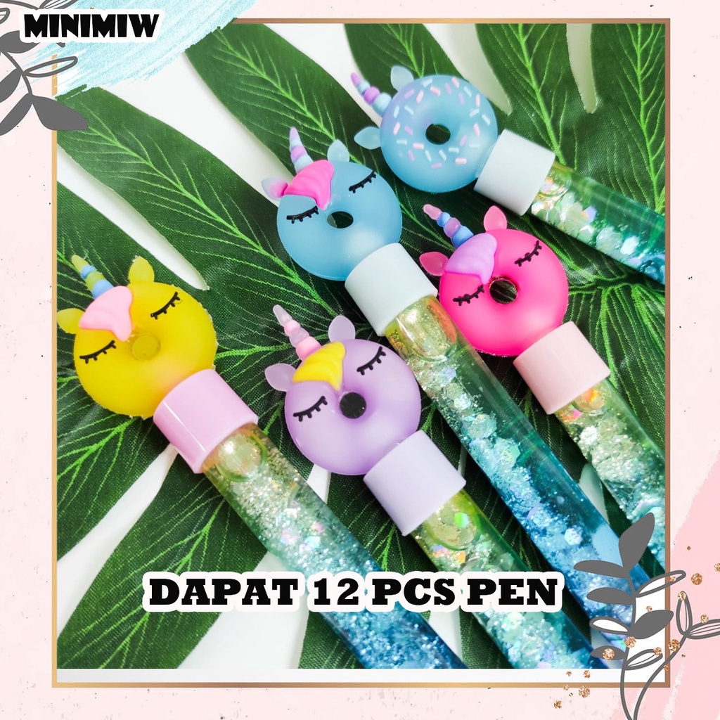 SELUSIN PEN GLITTER DONAT UNICORN 12 PCS LUCU GEL PEN KUDA PONI UNIK MURAH PULPEN PENA BOLPEN