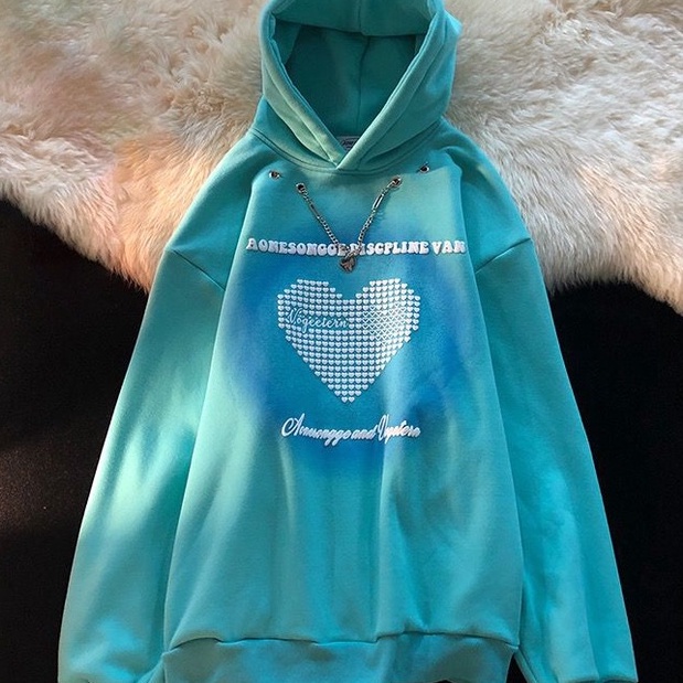 [littlecrab] Hoodie Oversize Love Square Discpline Van With Additional Chain Hoodie Unik Swag Berkelas Hoodie Oversize Couple Unisex Hoodie Rantai Keren Street Style Disco Ombre Green Colour Korean Style