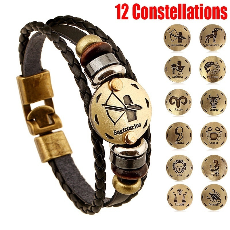 Gelang Kulit Multilayer Desain 12 Rasi Bintang Warna Hitam Gaya Punk Untuk Pria Dan Wanita