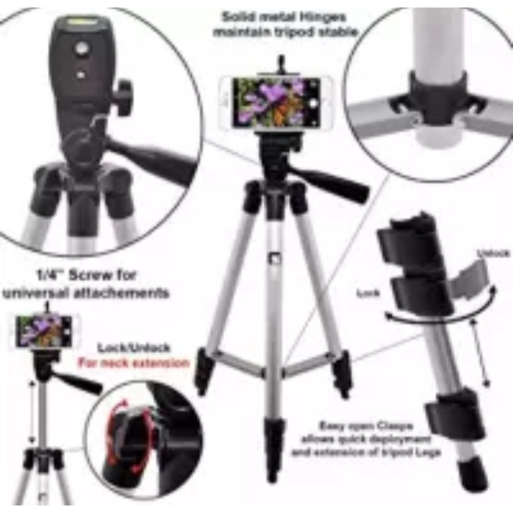 Tripod-Tongsis 3110 Lipat-Tripod 3110 Stainless With 3x Extend Leg-Suite Tripot For Smartphone, Camera, Handycam-Tripod HP Dan Kamera Universal +Free Holder U Dan Tas Tripod Dudukan Kamera-Tongsis 1Meter